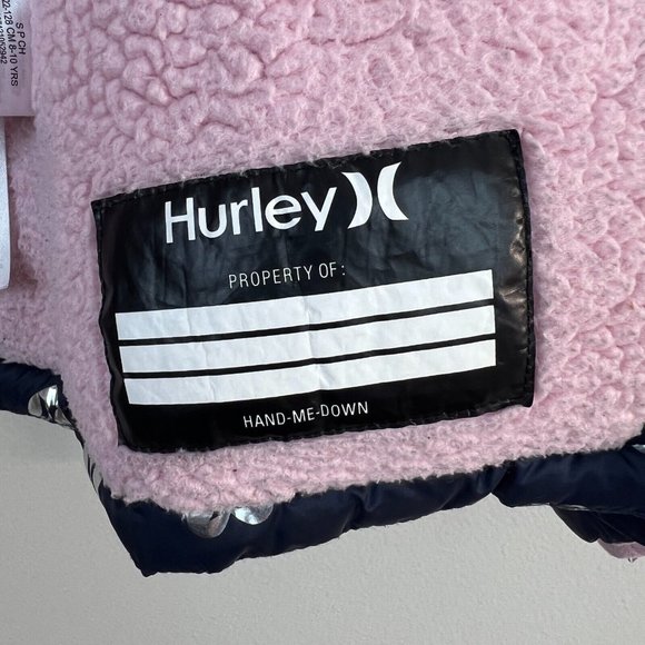 Hurley Puffer Jacket Girls S 8 10 Heart Navy Silver Fleece Lined Hooded Full Zip - Picture 12 of 14